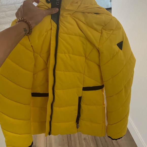 Guess Bright Yellow Jacket Puffer Worn 